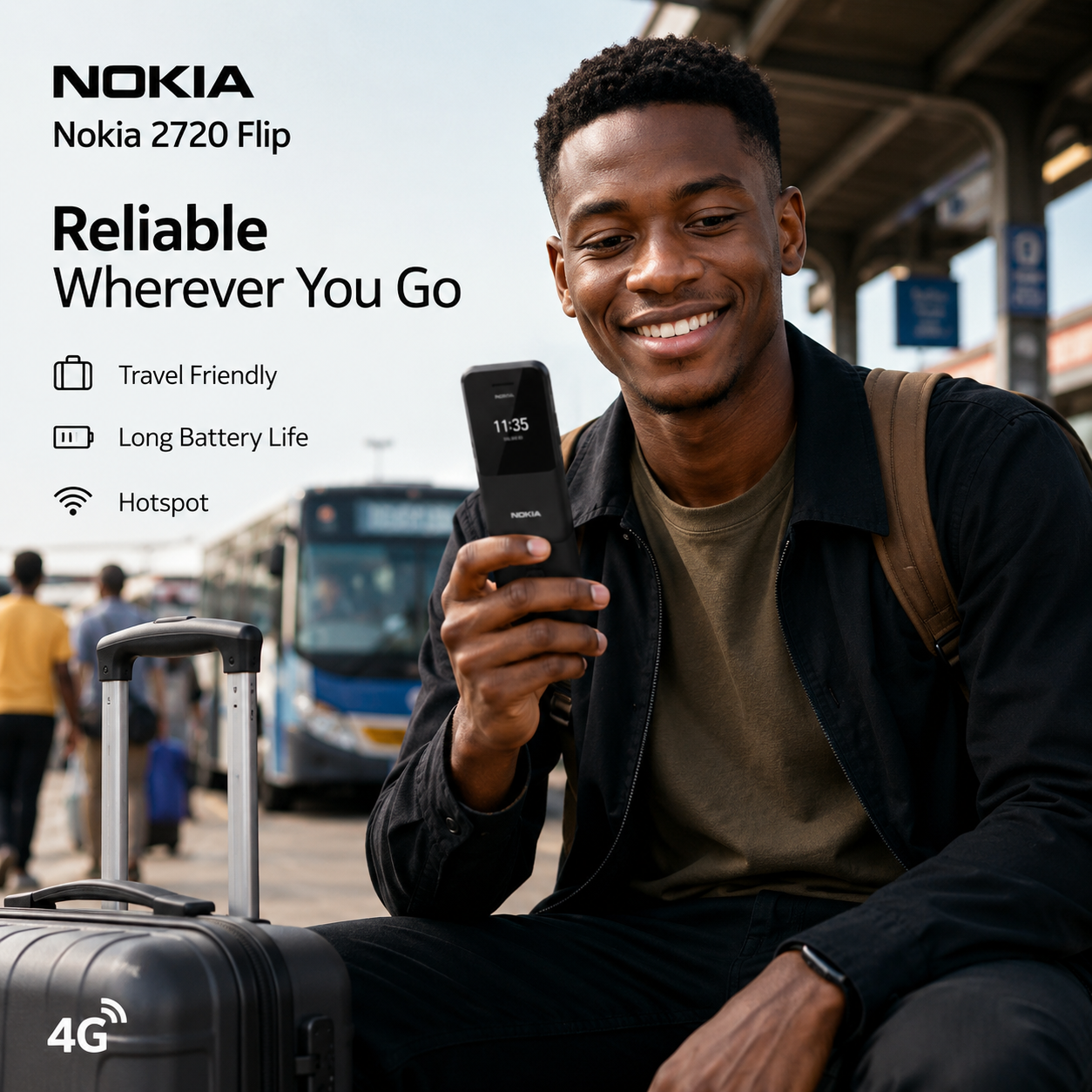 Traveller using the Nokia 2720 Flip at a bus station