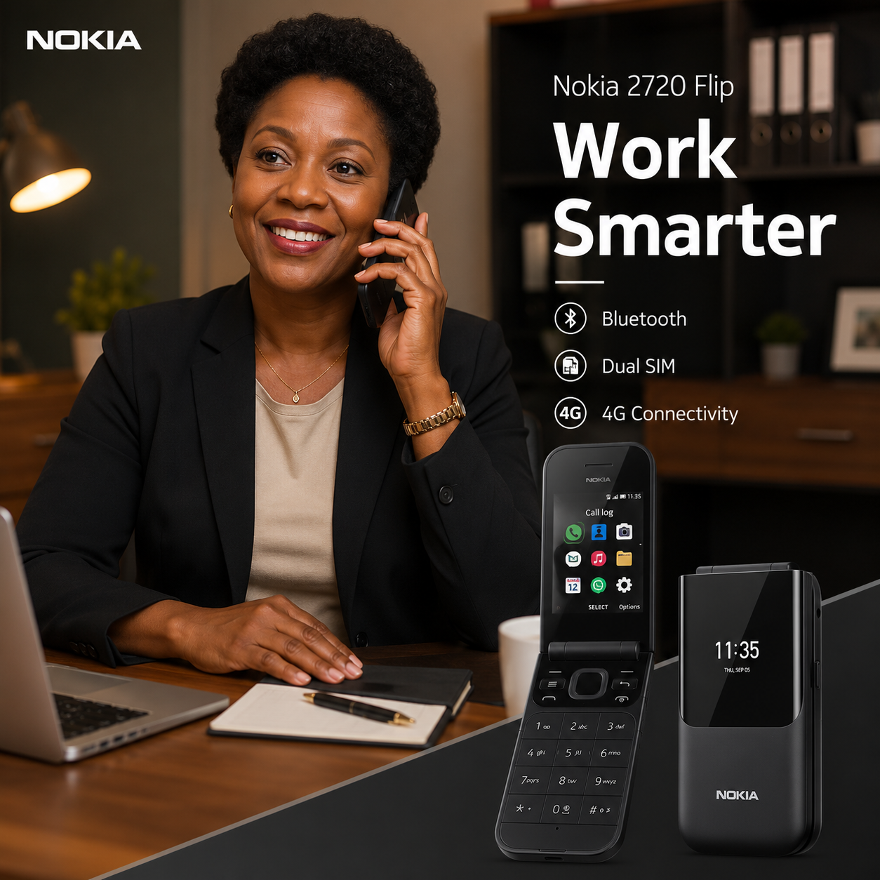 Businesswoman making a call with the Nokia 2720 Flip