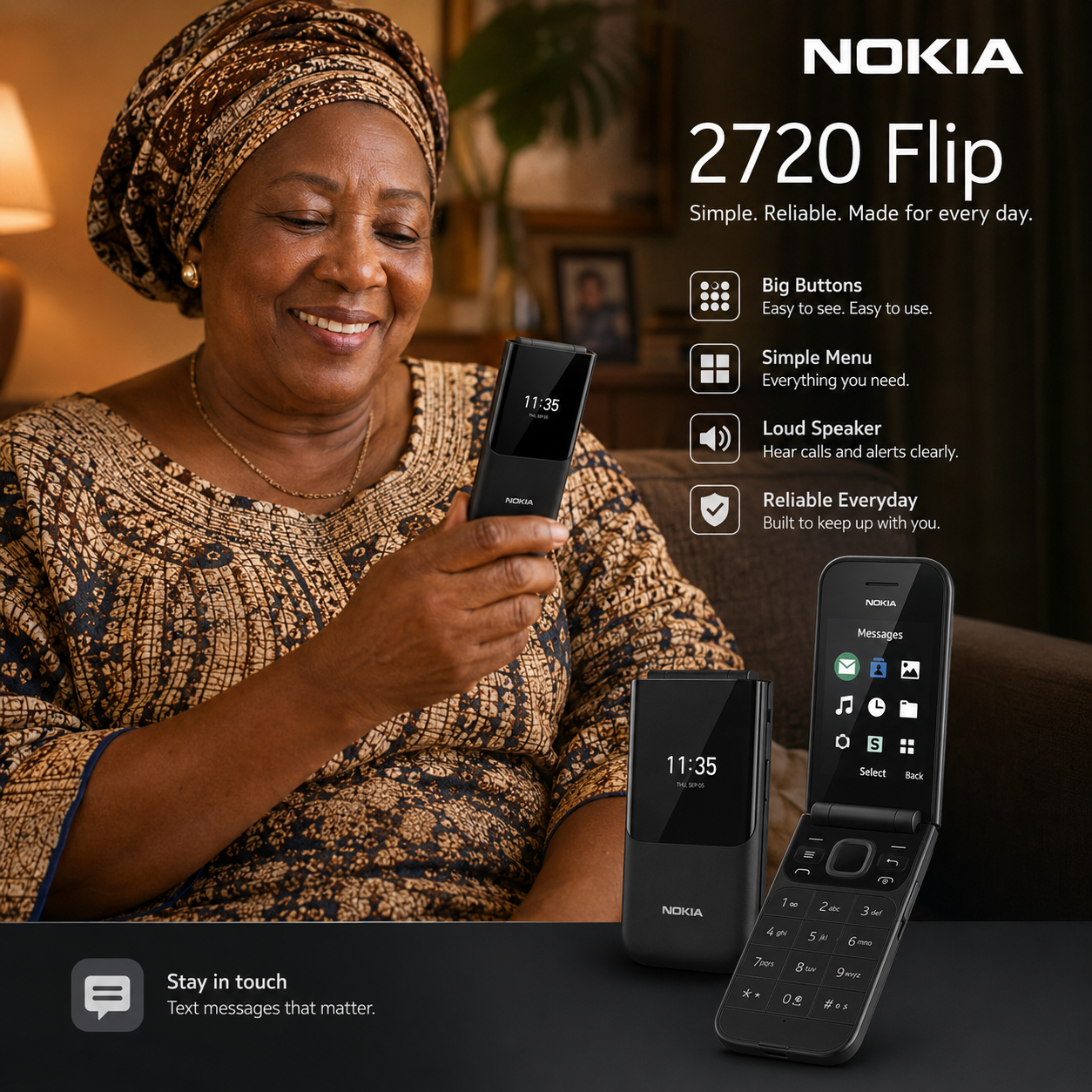 Woman using a Nokia 2720 Flip at home